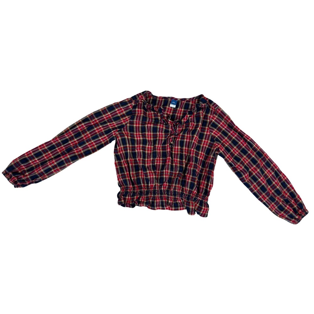 Old Navy Girls Red Navy Plaid Smocked Hem Long Sleeve Blouse Top L 10-12